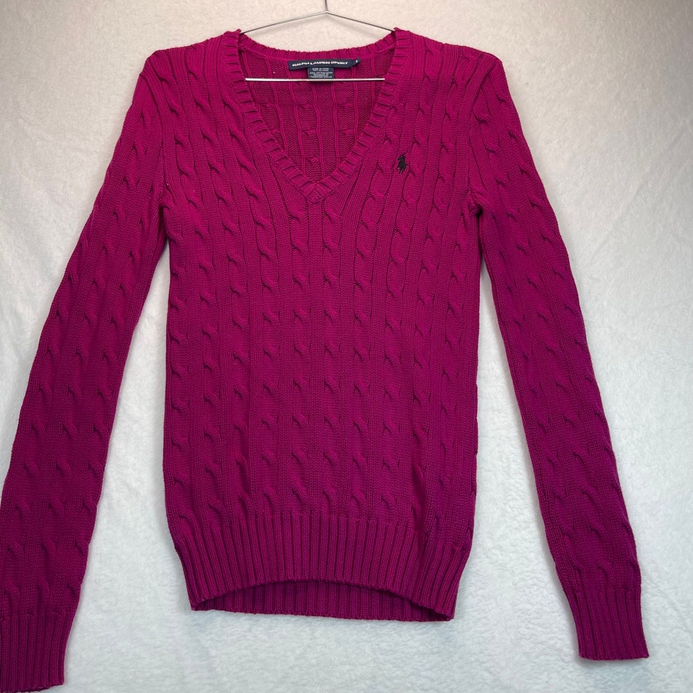 Ralph Lauren Sport Sweater Women S Pink V-Neck Cable Knit Cotton Logo Academia